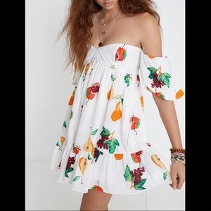 UO Watercolor Fruits Summer Dress Off The Shoulder